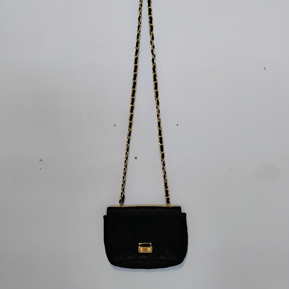 Mixed Bag Design Chic Black Quilted Crossbody Bag With Gold Accents 46" Strap